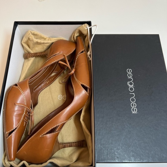 Sergio Rossi Tan Leather Pointed Toe High Wooden Stiletto Heels - Picture 4 of 15